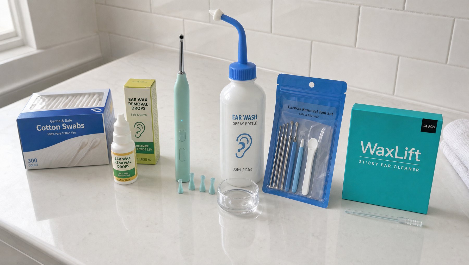 Six ear cleaning products lined up on a bathroom counter for testing